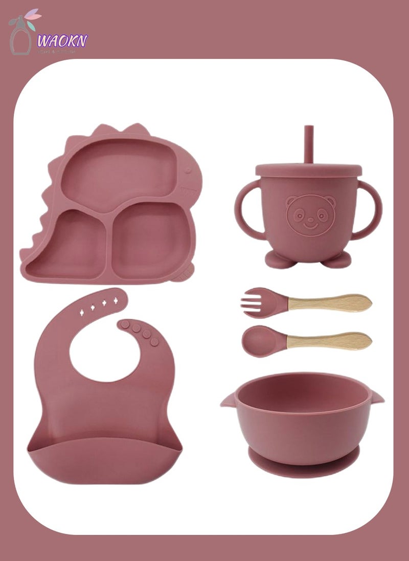WAOKN - 6-Piece Baby Silicone Tableware Set, Special For Infants To Eat Their Own Training Tableware Set, Including Complementary Food Bowl, Sippy Cup, Dinner Plate, Bib, Fork And Spoon - Image 1