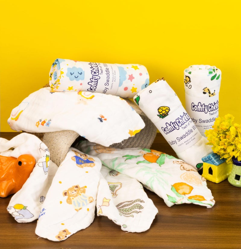 Comfy Cheeks Super Soft 100% Cotton Baby Swaddle + Face Towels (3 Pcs Print Swaddle Cloth + 5 Pcs Face Napkin)