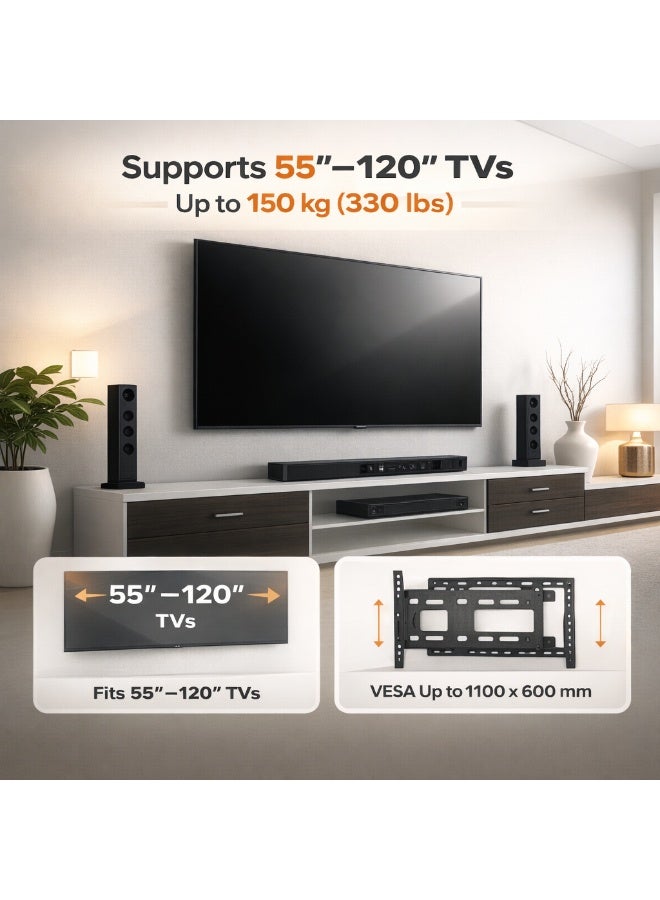 بيتيك حامل تلفاز ثابت لشاشات التلفاز المسطحة من 55 إلى 120 بوصة بقدرة تحمل تصل إلى 150 كجم / 330 رطل، ومعايير VESA ما يصل إلى 1100x600، تصميم ضخم وقوي، أسود - TF-100F - Image 2