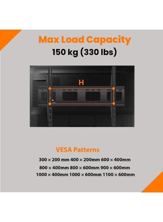 بيتيك حامل تلفاز ثابت لشاشات التلفاز المسطحة من 55 إلى 120 بوصة بقدرة تحمل تصل إلى 150 كجم / 330 رطل، ومعايير VESA ما يصل إلى 1100x600، تصميم ضخم وقوي، أسود - TF-100F - Image 3