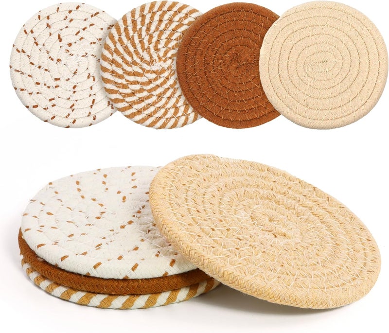 krastmon Coasters Set of 4 for Drinks, Cotton Woven 4 Colors Absorbent Boho Coasters for Home Decor Cups - Hot or Cold Drink Thickened (Khaki) - Image 1