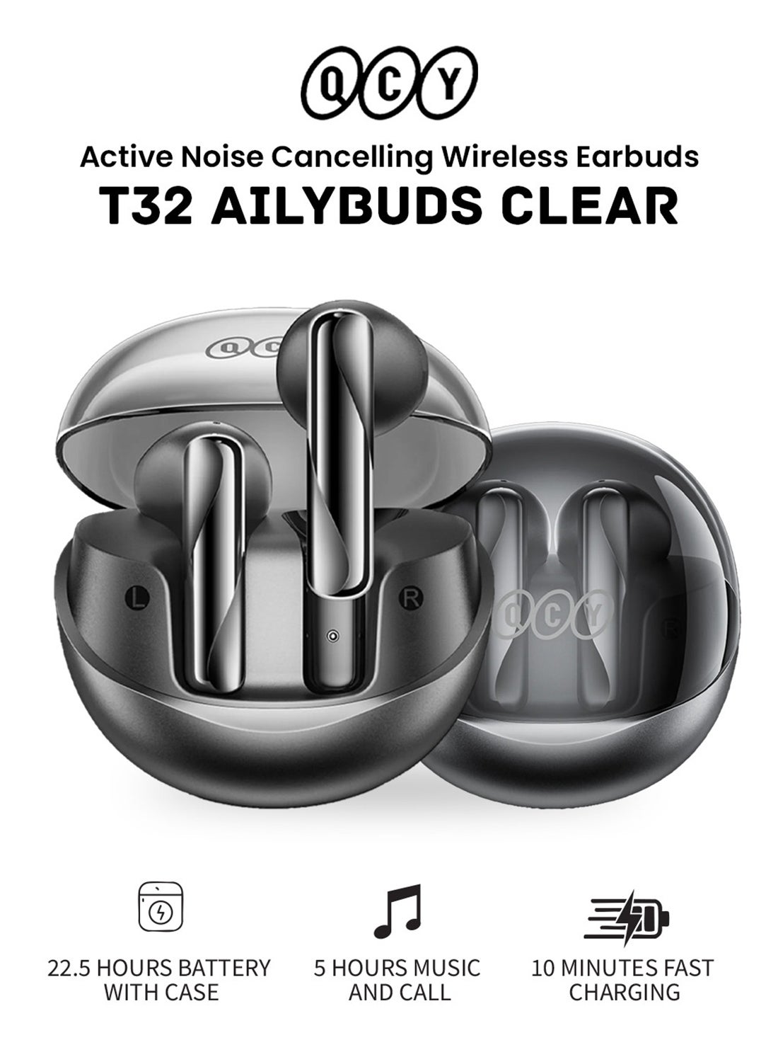 T32 AilyBuds Clear Wireless Earbuds, 5.3 Bluetooth Earphone, 13mm Drivers, Low Latency for Gaming, In-Ear Lightweight Design,Quick Charge and 22.5 Hours Long Battery Black