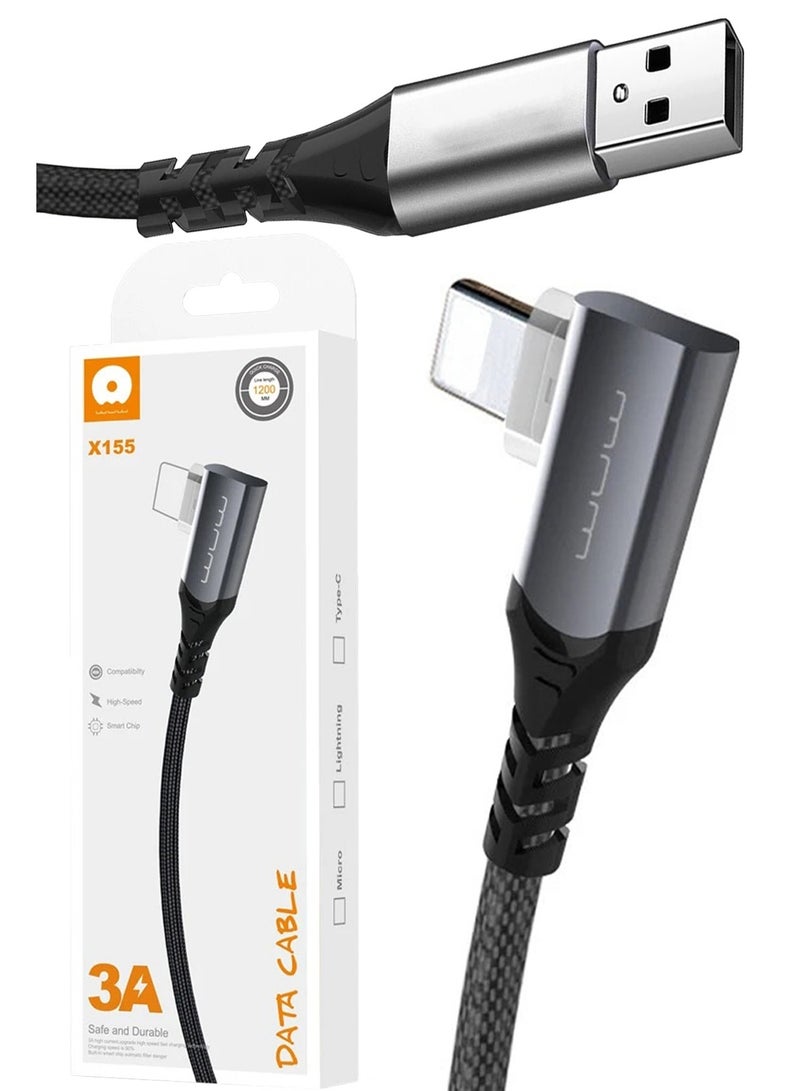 WUW 3A 15W USB to Lightning Fast Charging & Data Transfer/Sync 90 Degree Gaming Cable for Apple Lightning iPhone, iPad, iPod, AirPods, and Accessories, Black - Image 1