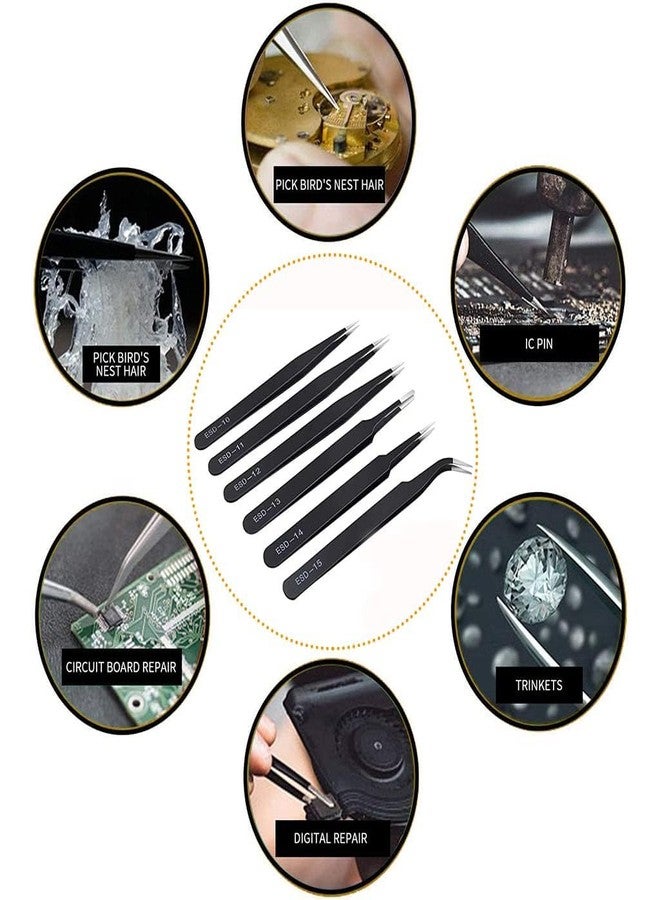 Zaptec ESD Anti-Static Stainless Steel Tweezers Set for Electronics, Craft, Precision Repairing, DIY, Jewellery Making (6 Pcs) - Image 2