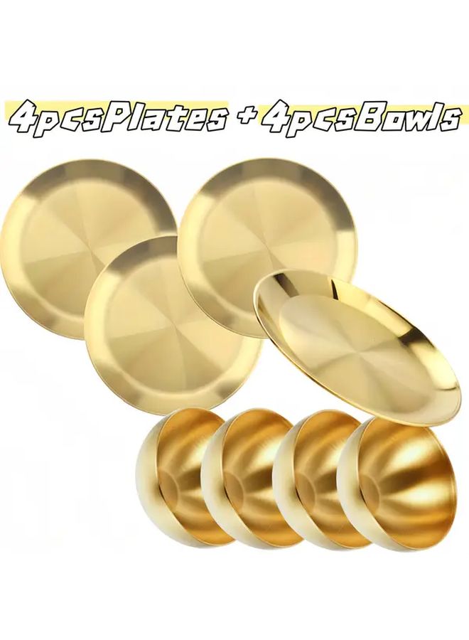 8 Piece Golden Stainless Steel Dinnerware Set 4 Plates 4 Bowls - Image 1