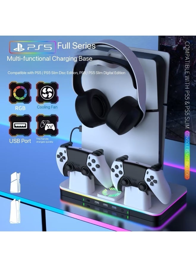 حامل ومبرد لجهاز PS5 / PS5 Slim مع محطة شحن للذراع لجهاز Sony PlayStation 5 Slim & Standard Disc/Digital، ملحقات PS5 تشمل مروحة تبريد، إضاءة LED متعددة الألوان، منافذ USB، حامل سماعات، فتحة للألعاب - Image 1