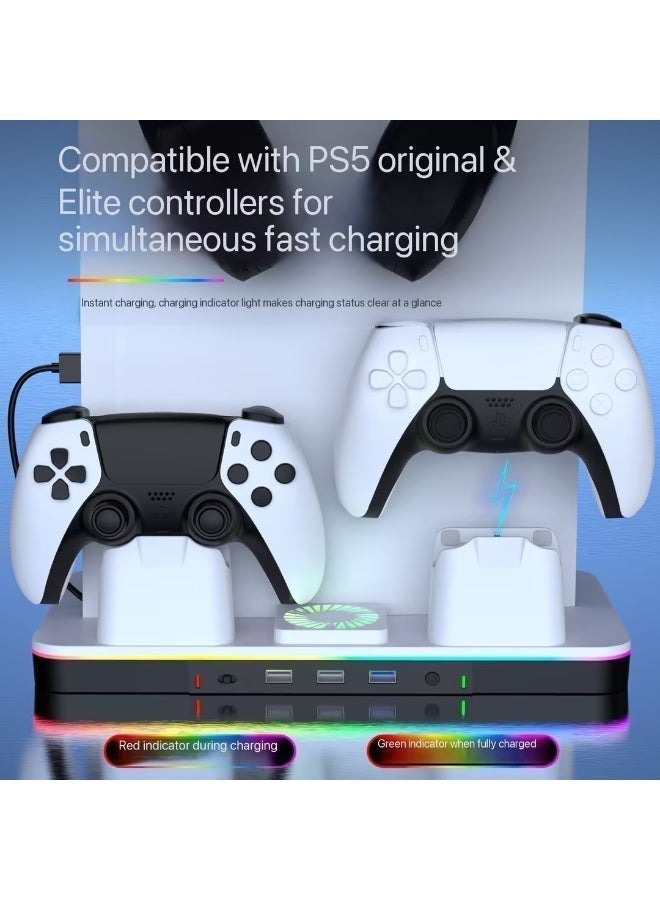 حامل ومبرد لجهاز PS5 / PS5 Slim مع محطة شحن للذراع لجهاز Sony PlayStation 5 Slim & Standard Disc/Digital، ملحقات PS5 تشمل مروحة تبريد، إضاءة LED متعددة الألوان، منافذ USB، حامل سماعات، فتحة للألعاب - Image 4