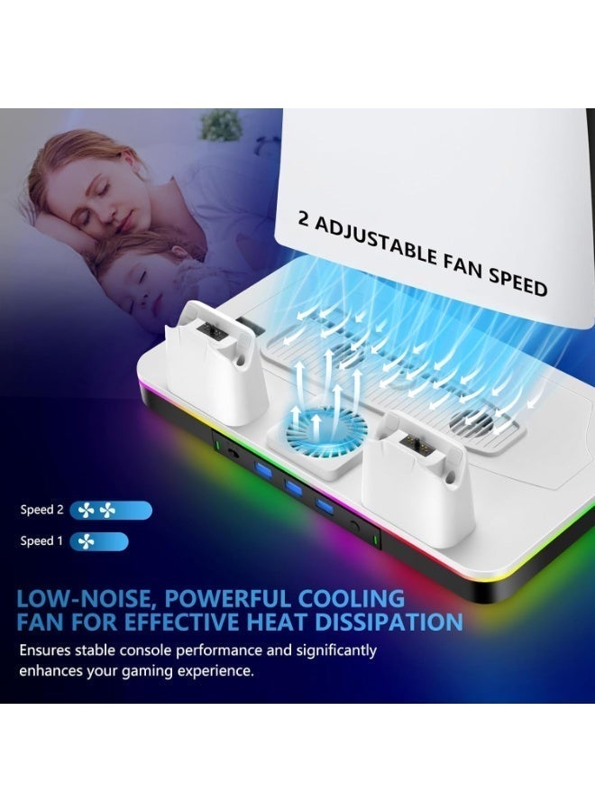 حامل ومبرد لجهاز PS5 / PS5 Slim مع محطة شحن للذراع لجهاز Sony PlayStation 5 Slim & Standard Disc/Digital، ملحقات PS5 تشمل مروحة تبريد، إضاءة LED متعددة الألوان، منافذ USB، حامل سماعات، فتحة للألعاب - Image 3