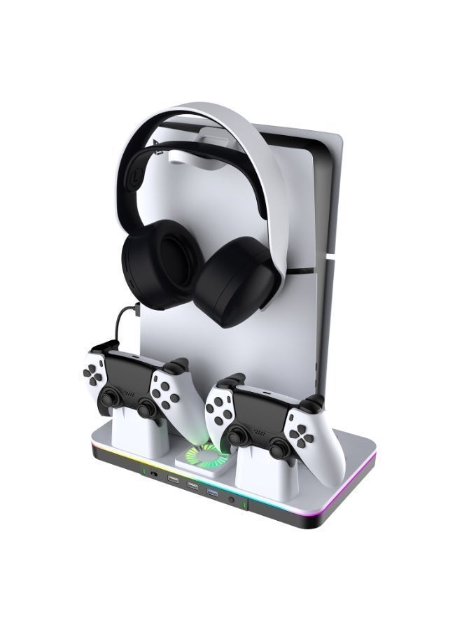 حامل ومبرد لجهاز PS5 / PS5 Slim مع محطة شحن للذراع لجهاز Sony PlayStation 5 Slim & Standard Disc/Digital، ملحقات PS5 تشمل مروحة تبريد، إضاءة LED متعددة الألوان، منافذ USB، حامل سماعات، فتحة للألعاب - Image 2