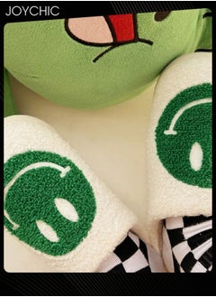 Joychic Autumn Winter Warm Smiley Face Designed Bedroom Slippers White/Green for Women/ Men  - Image 2