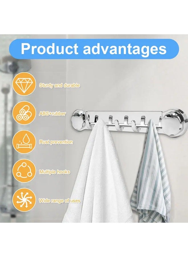 1 Pack Powerful Vacuum Suction Cup Towel Holder, Wall Mount Coat Bath Towel Hook, Hanger Rail Bar with 5 Hooks for Towels, Robes, Clothing, Silver - Image 2