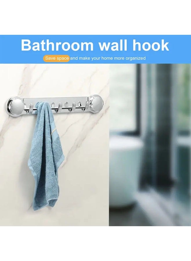 1 Pack Powerful Vacuum Suction Cup Towel Holder, Wall Mount Coat Bath Towel Hook, Hanger Rail Bar with 5 Hooks for Towels, Robes, Clothing, Silver - Image 3