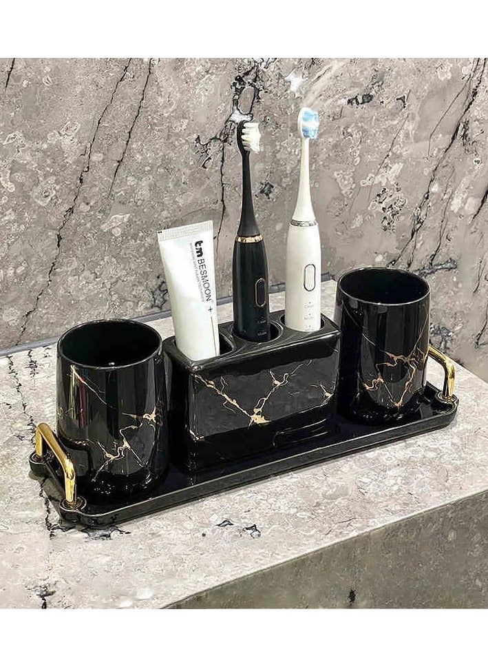 فوك 4pcs مجموعة الحمام ، السيراميك الذهبي الحافة الرخام نمط ملحقات الحمام ، بما في ذلك كوبين غسيل الفم ، 1 فرشاة أسنان 3 حامل ثقب ، 1 علبة مقبض مزدوجة (أسود) - Image 1