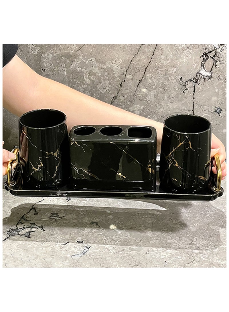 فوك 4pcs مجموعة الحمام ، السيراميك الذهبي الحافة الرخام نمط ملحقات الحمام ، بما في ذلك كوبين غسيل الفم ، 1 فرشاة أسنان 3 حامل ثقب ، 1 علبة مقبض مزدوجة (أسود) - Image 2