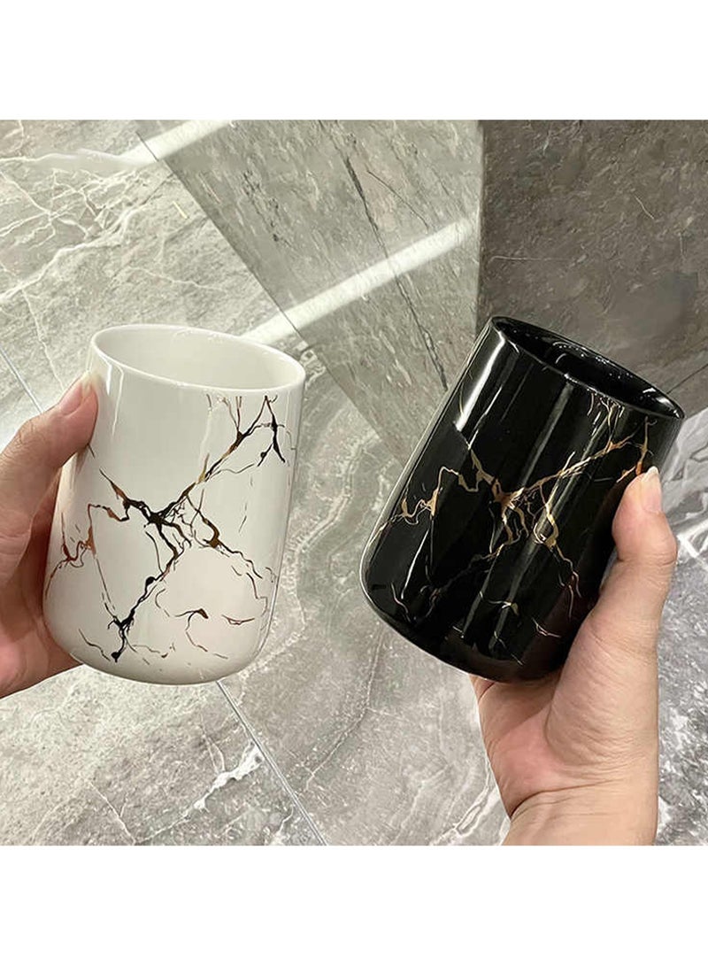 فوك 4pcs مجموعة الحمام ، السيراميك الذهبي الحافة الرخام نمط ملحقات الحمام ، بما في ذلك كوبين غسيل الفم ، 1 فرشاة أسنان 3 حامل ثقب ، 1 علبة مقبض مزدوجة (أسود) - Image 3