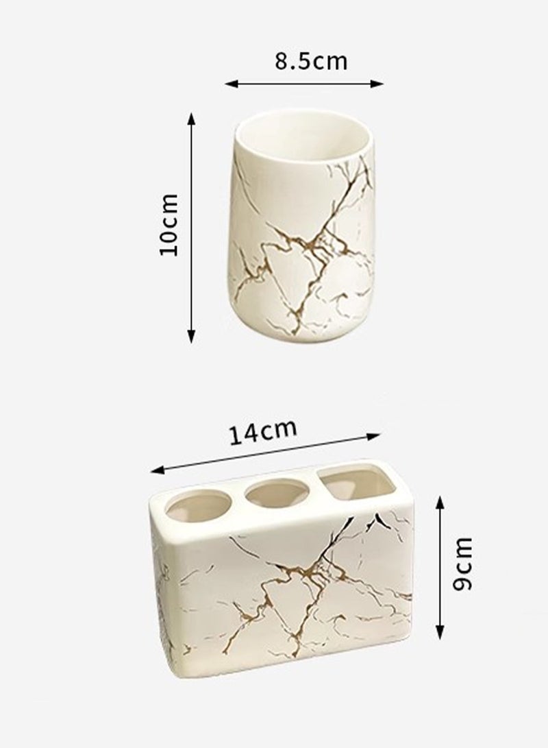 فوك 4pcs مجموعة الحمام ، السيراميك الذهبي الحافة الرخام نمط ملحقات الحمام ، بما في ذلك كوبين غسيل الفم ، 1 فرشاة أسنان 3 حامل ثقب ، 1 علبة مقبض مزدوجة (أسود) - Image 4
