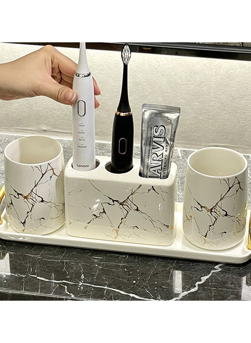 فوك 4pcs مجموعة الحمام ، السيراميك الذهبي الحافة الرخام نمط ملحقات الحمام ، بما في ذلك كوبين غسيل الفم ، 1 فرشاة أسنان 3 حامل ثقب ، 1 علبة مقبض مزدوجة (أسود) - Image 5