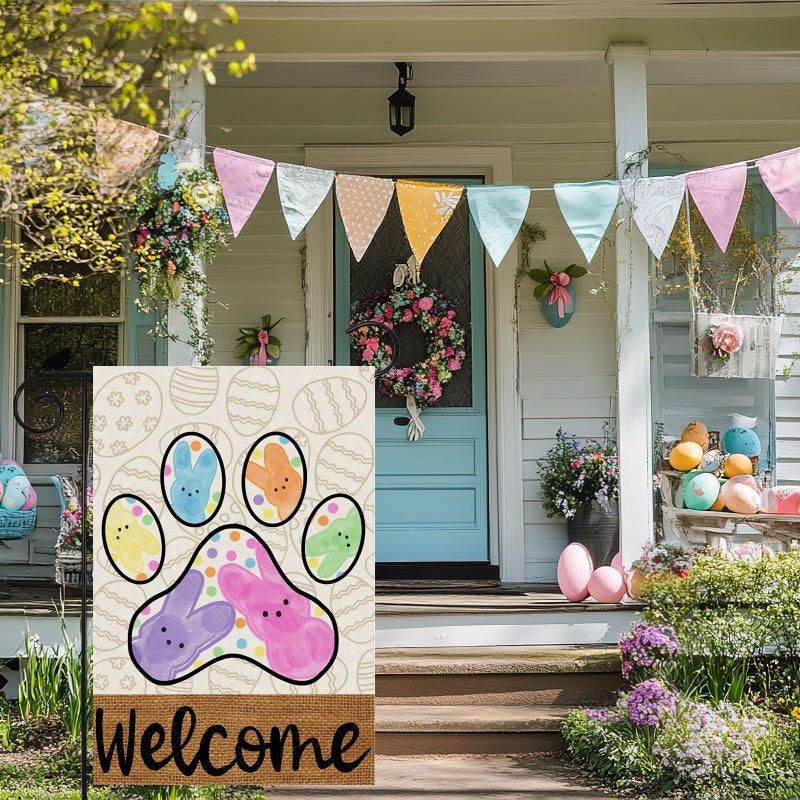 ZAEW Welcome Easter Dog Paw Colorful Dots Cute Bunny Eggs Spring Garden Flag Yard Flag 12x18 Inch Double Sided Small Mini Yard Outdoor Outside Holiday Decoration - Image 4