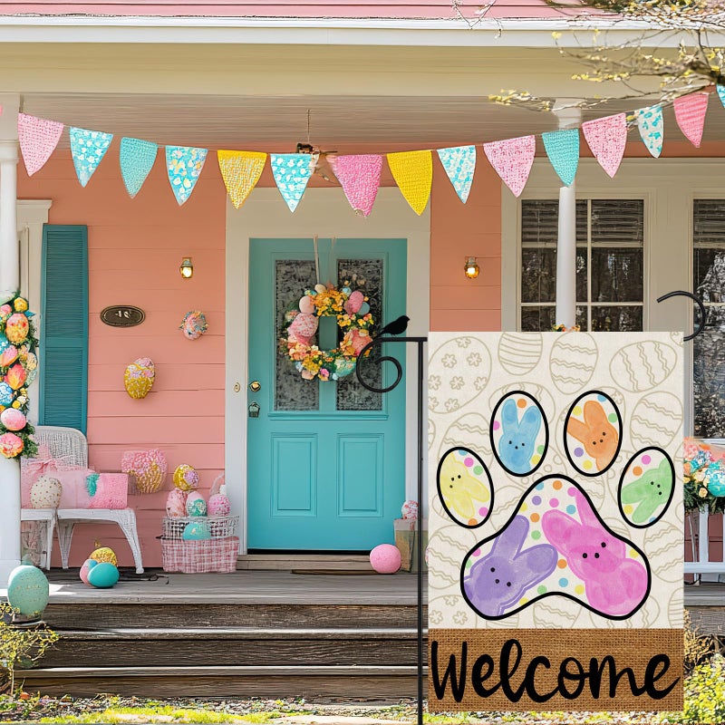 ZAEW Welcome Easter Dog Paw Colorful Dots Cute Bunny Eggs Spring Garden Flag Yard Flag 12x18 Inch Double Sided Small Mini Yard Outdoor Outside Holiday Decoration - Image 2