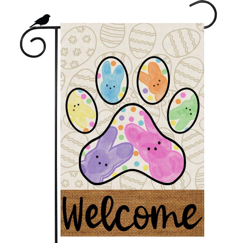 ZAEW Welcome Easter Dog Paw Colorful Dots Cute Bunny Eggs Spring Garden Flag Yard Flag 12x18 Inch Double Sided Small Mini Yard Outdoor Outside Holiday Decoration - Image 1