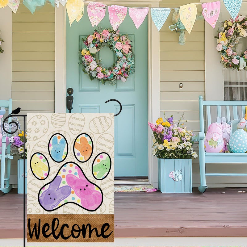 ZAEW Welcome Easter Dog Paw Colorful Dots Cute Bunny Eggs Spring Garden Flag Yard Flag 12x18 Inch Double Sided Small Mini Yard Outdoor Outside Holiday Decoration - Image 3