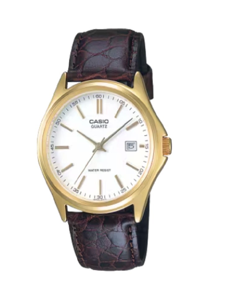 Casio Men's Classic Quartz Analog Watch – Gold Case, White Dial, Brown Leather Strap