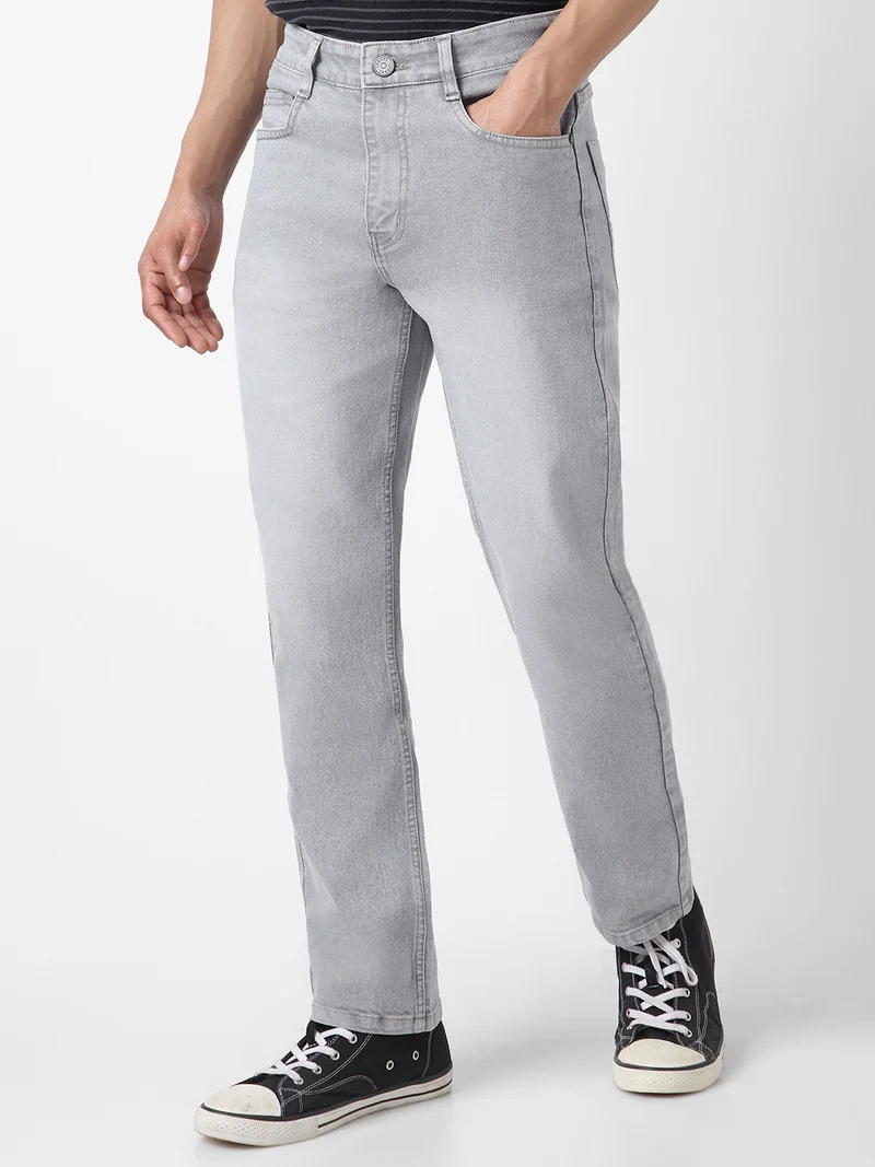 Urbano Fashion Men's Light Grey Straight Fit Washed Jeans Stretchable