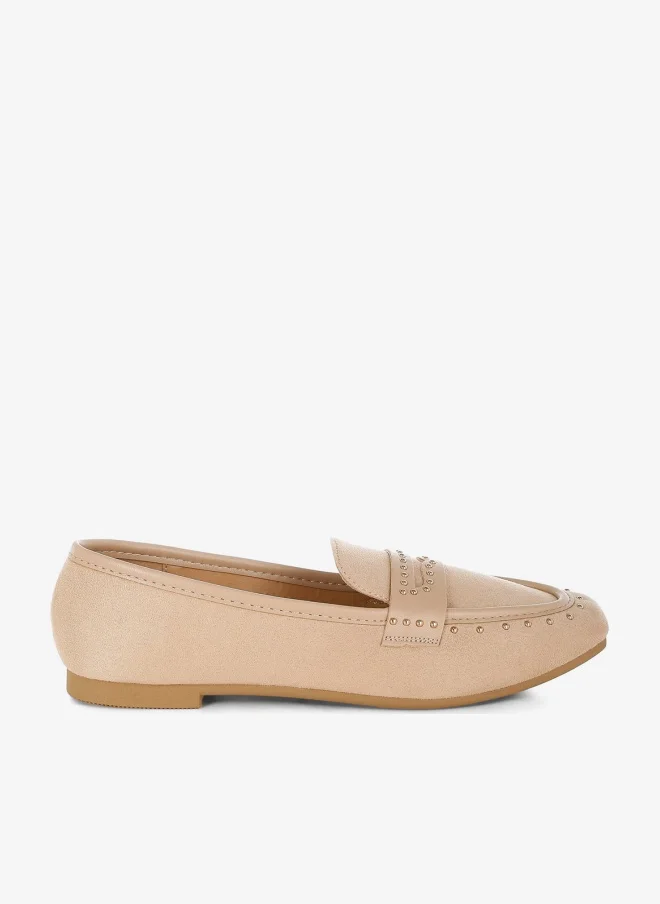 London Rag London Rag Women's Penny Strap Studded Loafers in Beige
