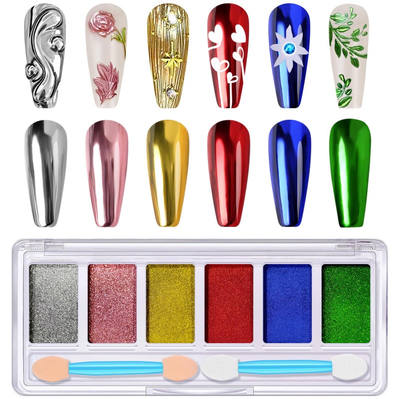 Gold Chrome Nail Powder DRMODE 6 Colors Silver Red Green Blue Mirror Metallic Effect Nail Chrome Powder Rose Gold Champagne Colored Chrome Powder for Nails Palette Pigment Glitter Dust for Nail Art