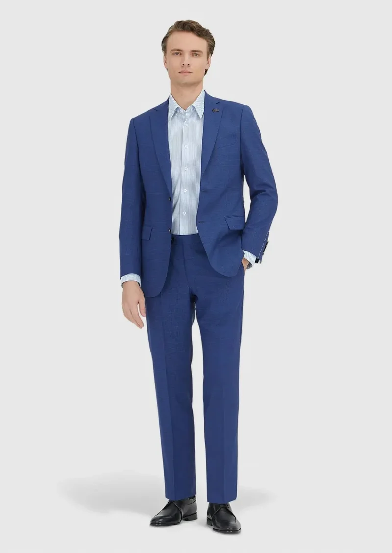 RAMSEY Navy Blue Checkered Regular Fit 100% Wool Suit
