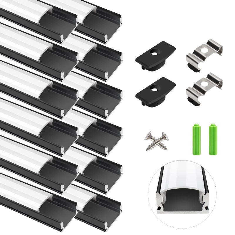 LightingWill 12-Pack Aluminum Profile, Channel 3.3ft/1Meter Black U-Shape LED Diffuser With Milky White Cover, End Caps and Mounting Clips Extrusion for Strip Lights U02 - Image 1