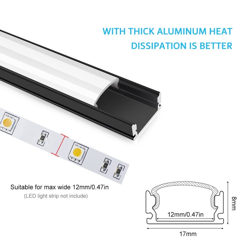 LightingWill 12-Pack Aluminum Profile, Channel 3.3ft/1Meter Black U-Shape LED Diffuser With Milky White Cover, End Caps and Mounting Clips Extrusion for Strip Lights U02 - Image 2