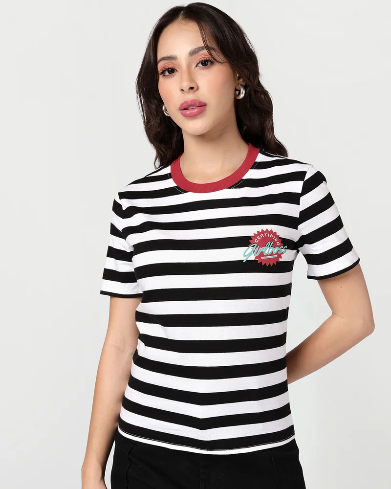 بيواكوف Women's Bright White & Black Striped Slim Fit T-shirt
