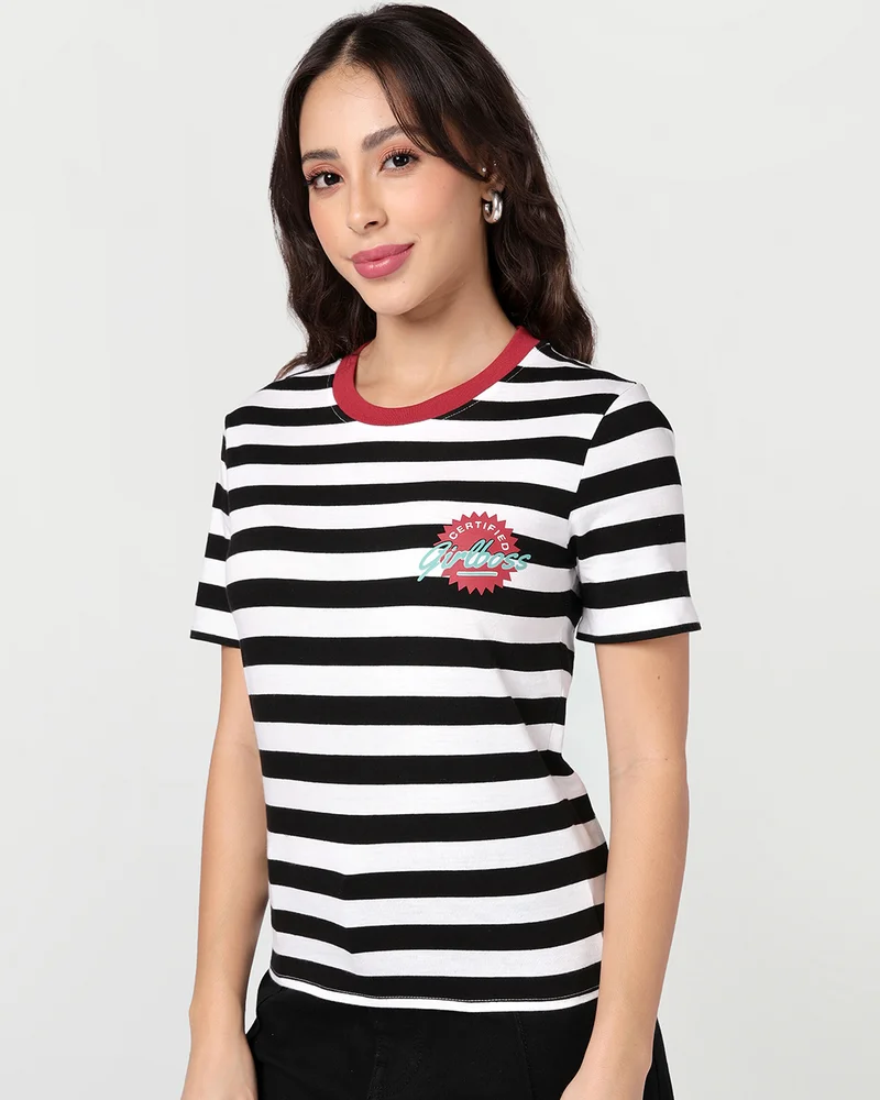 بيواكوف Women's Bright White & Black Striped Slim Fit T-shirt