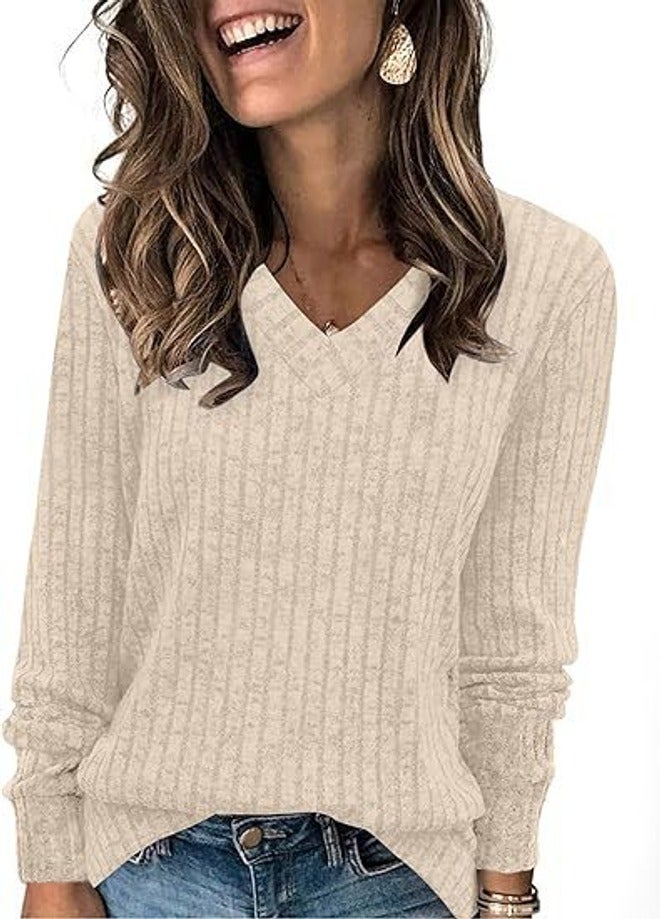2024wish Women's Long Sleeve V-Neck Ribbed Brushed Knit Top