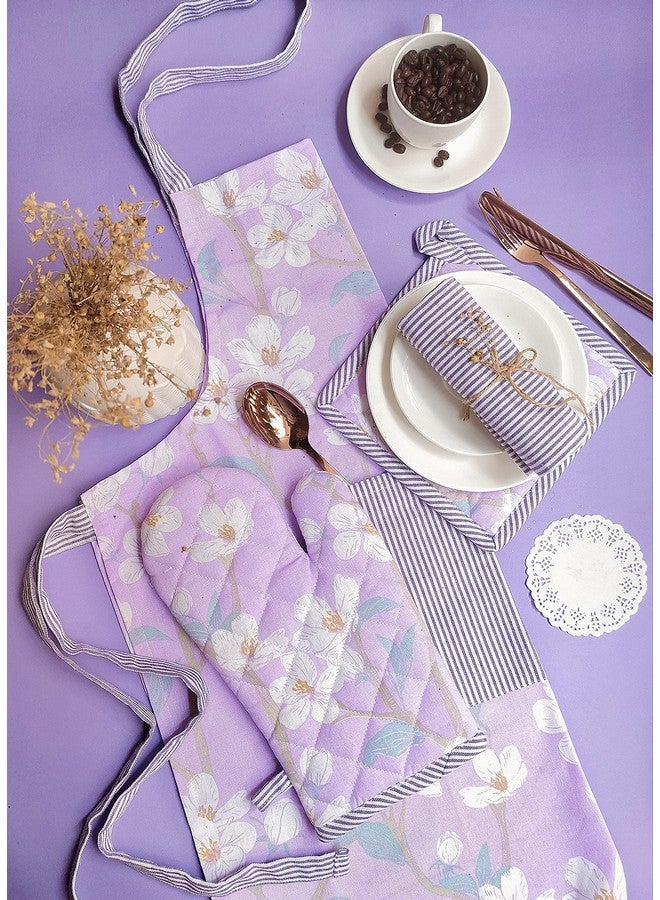 PIXEL HOME DECOR Printed Apron With Oven Mitt and Pot Holder with Kitchen Towel - Cherry Blossom Collection (Lilac Blossom) - Image 2