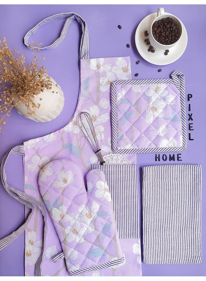 PIXEL HOME DECOR Printed Apron With Oven Mitt and Pot Holder with Kitchen Towel - Cherry Blossom Collection (Lilac Blossom) - Image 3