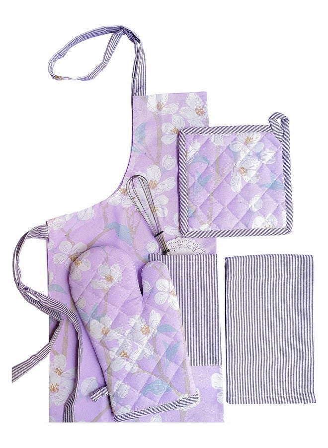 PIXEL HOME DECOR Printed Apron With Oven Mitt and Pot Holder with Kitchen Towel - Cherry Blossom Collection (Lilac Blossom) - Image 1