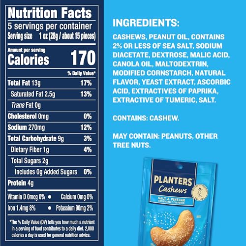 PLANTERS Cashews Salt & Vinegar - Trail Mix Snack Packs - Snacks, Snack Pack, Party Trail Mix, 5 Oz Bag, 1 Pack - Image 4