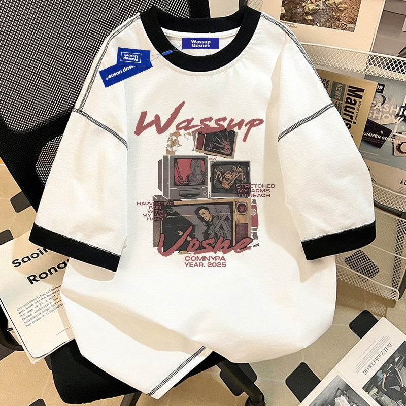 WASSUP American retro heavy cotton short-sleeved T-shirt men's summer 2026 new popular loose couple top - Image 3