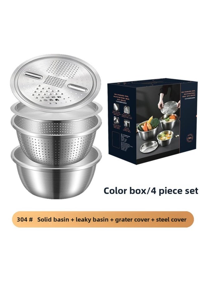 Generic - 304 Stainless Steel Basin Food Grade Thickened Grater Basin Rice Washing Sieve Kitchen Vegetable Washing Basin Draining Basin Egg Bowl With Lid-规格:304#多用刨丝盆4件套(彩盒装)-颜色:26cm - Image 1