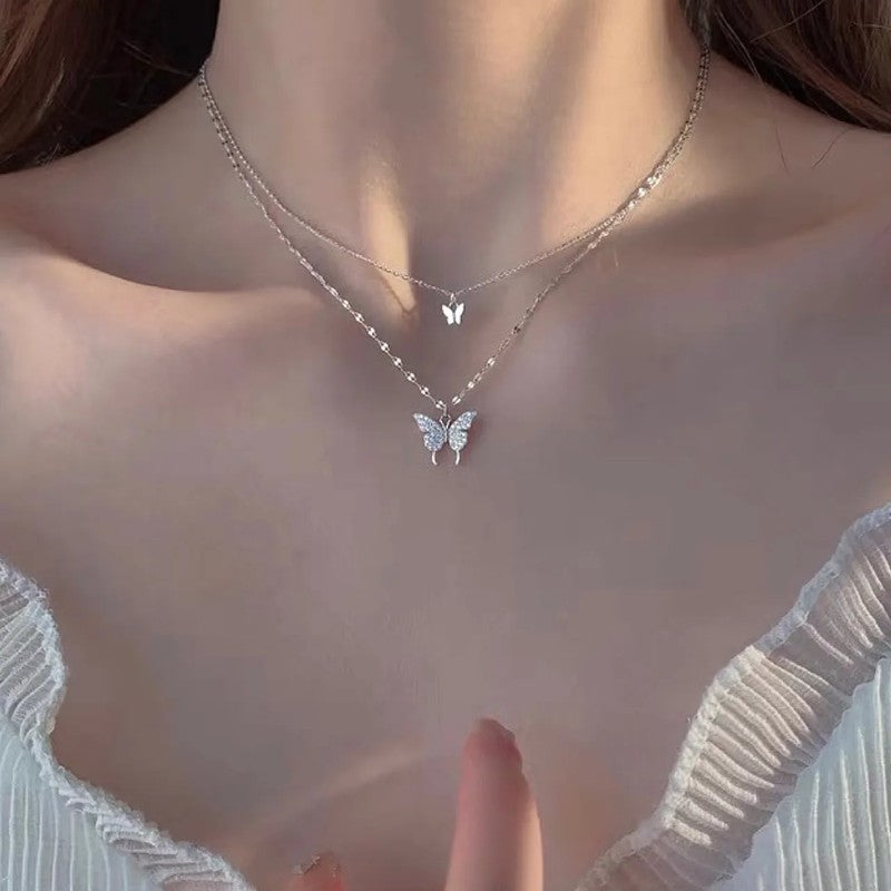 Generic Sparkling Butterfly Double Layer Necklace for Women A224 (White Gold) 45CM + 5CM extension chain 