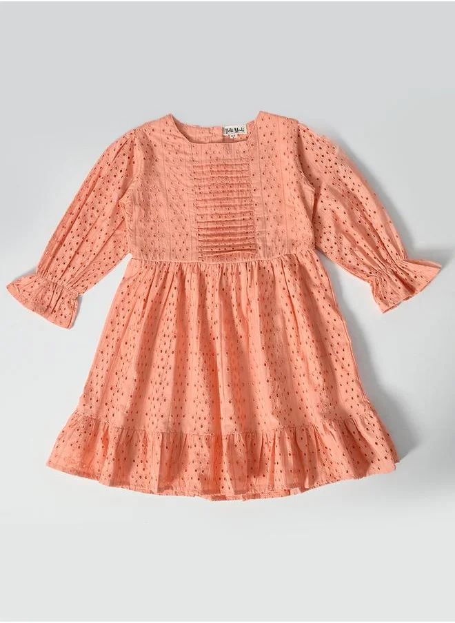 بيلا مودا Bella Moda Solid Schiffli Pintuck Detail Dress with 3/4 Sleeves