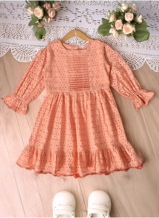 بيلا مودا Bella Moda Solid Schiffli Pintuck Detail Dress with 3/4 Sleeves