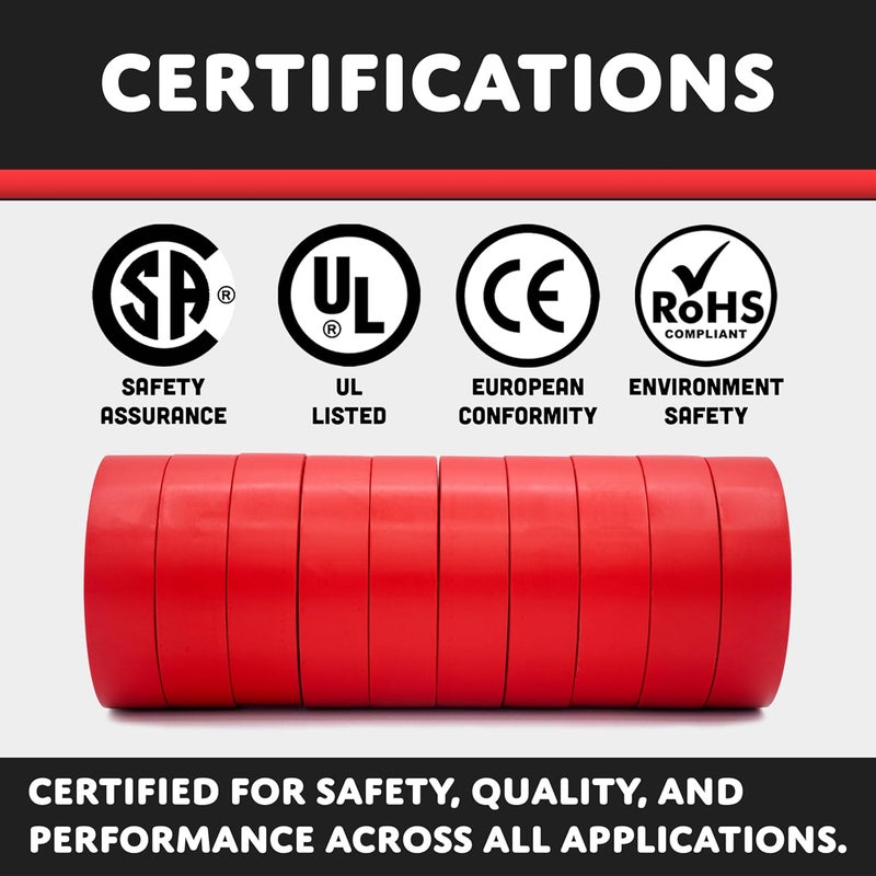 TradeGear Electrical Tape (10PK) Red Matte – Waterproof, Flame Retardant, Strong Rubber Based Adhesive, UL Listed – Rated for Max. 600V and 80oC Use –Measures 60’ x 3/4" x 0.07" - Image 4