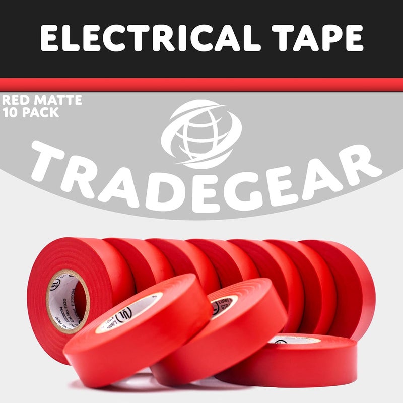 TradeGear Electrical Tape (10PK) Red Matte – Waterproof, Flame Retardant, Strong Rubber Based Adhesive, UL Listed – Rated for Max. 600V and 80oC Use –Measures 60’ x 3/4" x 0.07" - Image 2