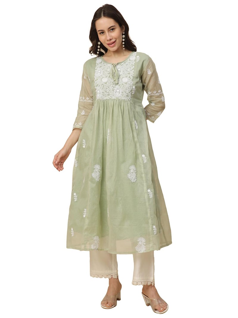 RATAN Women Cotton Relaxed Fit Muga Flared Lucknowi Chikankari Ethnic Wear Kurta (TPD-4483-XX-Large_Green) - Image 3