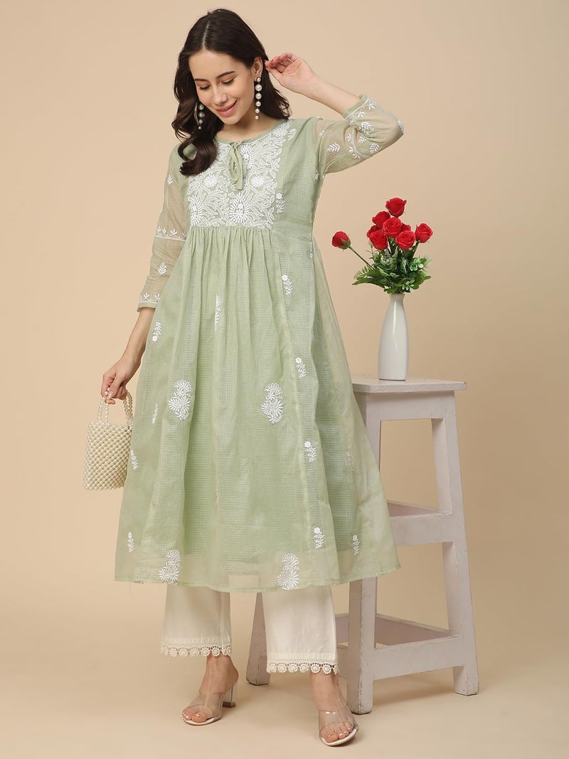 RATAN Women Cotton Relaxed Fit Muga Flared Lucknowi Chikankari Ethnic Wear Kurta (TPD-4483-XX-Large_Green) - Image 4