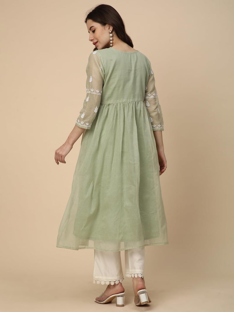 RATAN Women Cotton Relaxed Fit Muga Flared Lucknowi Chikankari Ethnic Wear Kurta (TPD-4483-XX-Large_Green) - Image 2