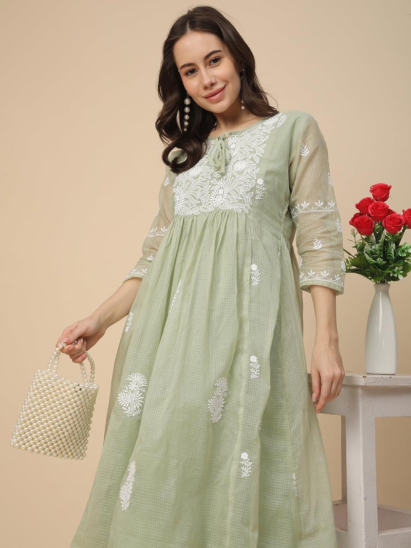 RATAN Women Cotton Relaxed Fit Muga Flared Lucknowi Chikankari Ethnic Wear Kurta (TPD-4483-XX-Large_Green) - Image 5